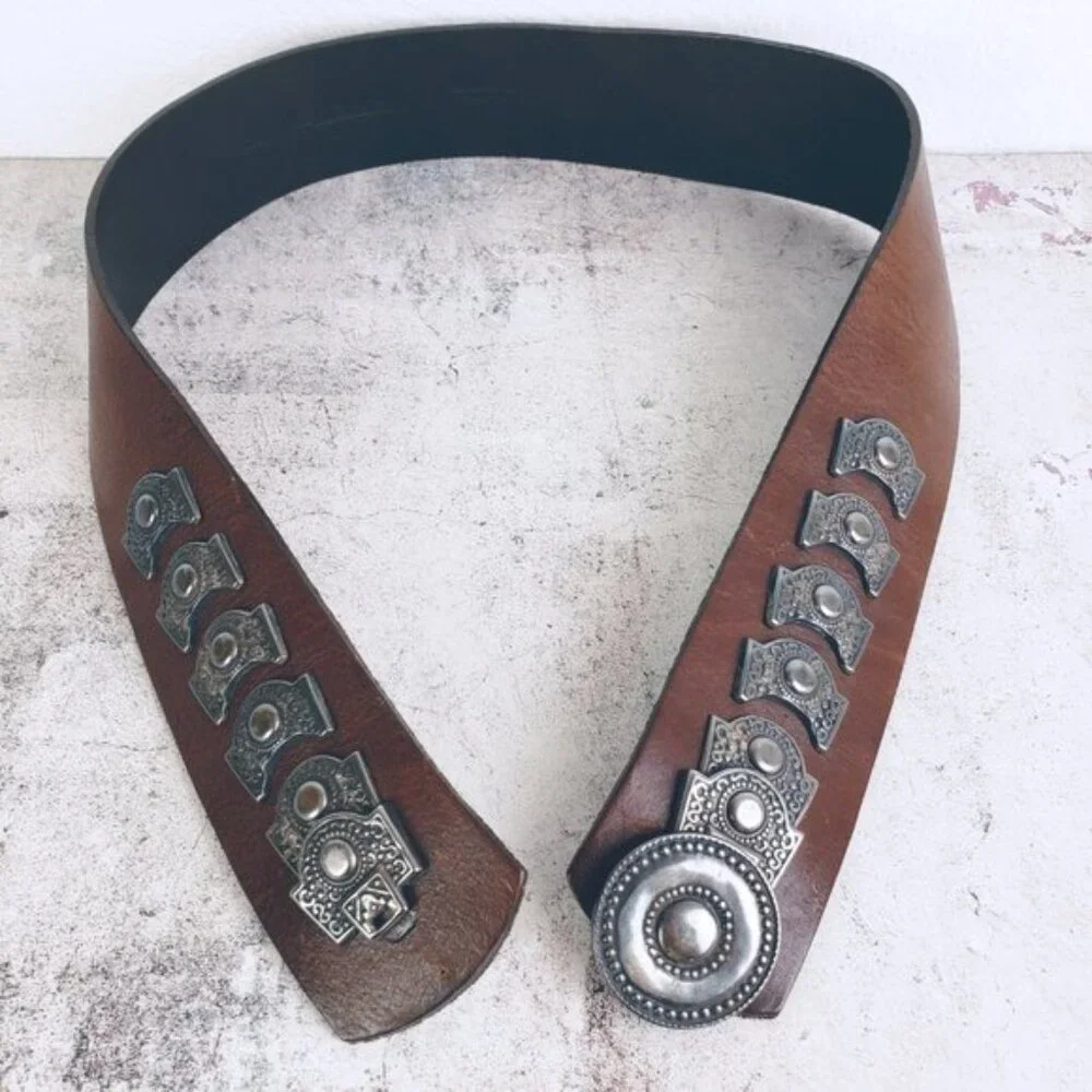 Vintage Avignon Brown Leather Embellished Metalwork Wide Belt size M Bohemian - Picture 4 of 10